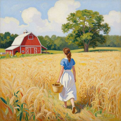 Oil painting of a young girl with braided brown hair in a blue blouse and white skirt, holding a basket, walking through a golden wheat field towards