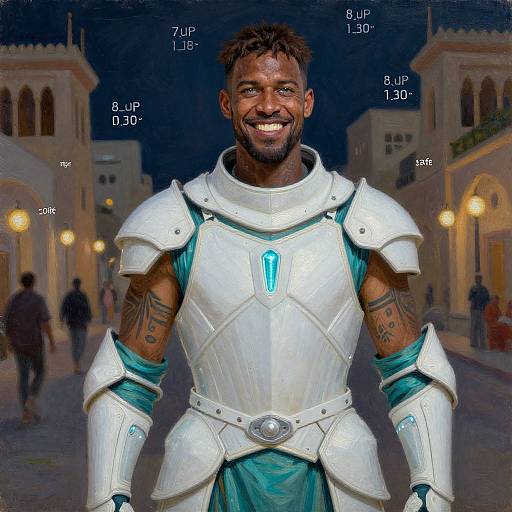 Photograph of a smiling, tattooed, dark-skinned man in white, glowing blue-accented fantasy armor, standing in a dimly lit