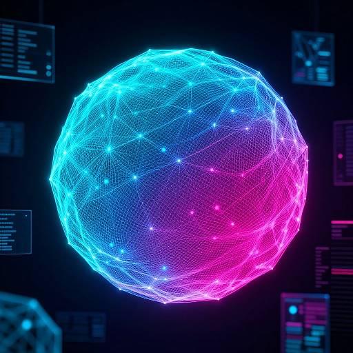Neon digital sphere with blue and pink glowing grid lines against a dark background, surrounded by faint, blurred tech interface icons.
