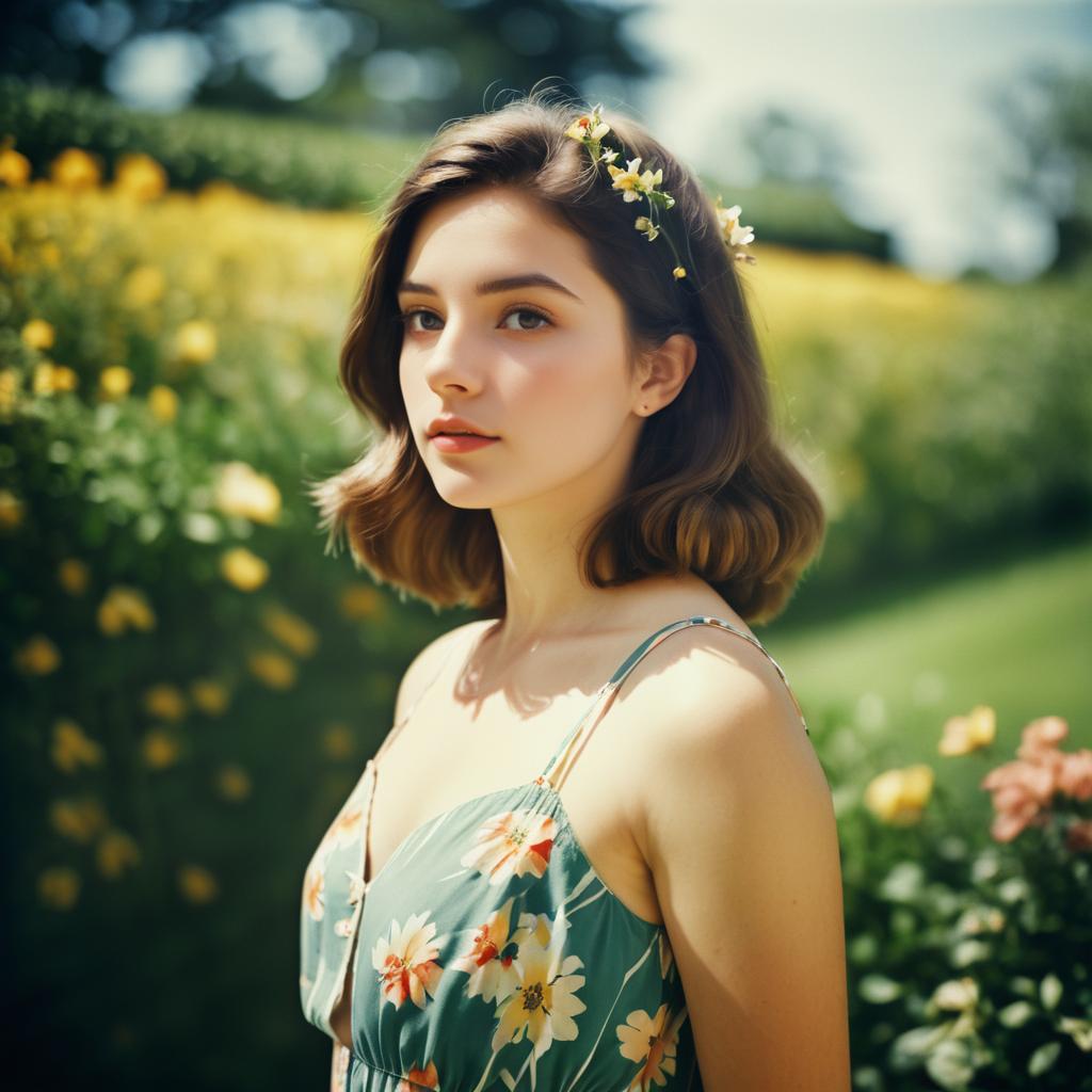 Vintage Floral Portrait of Young Woman