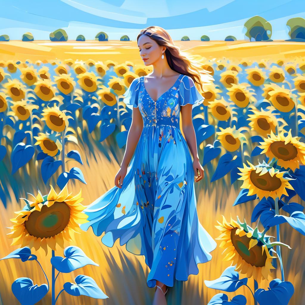 Dreamy Woman in Blue Dress Among Sunflowers