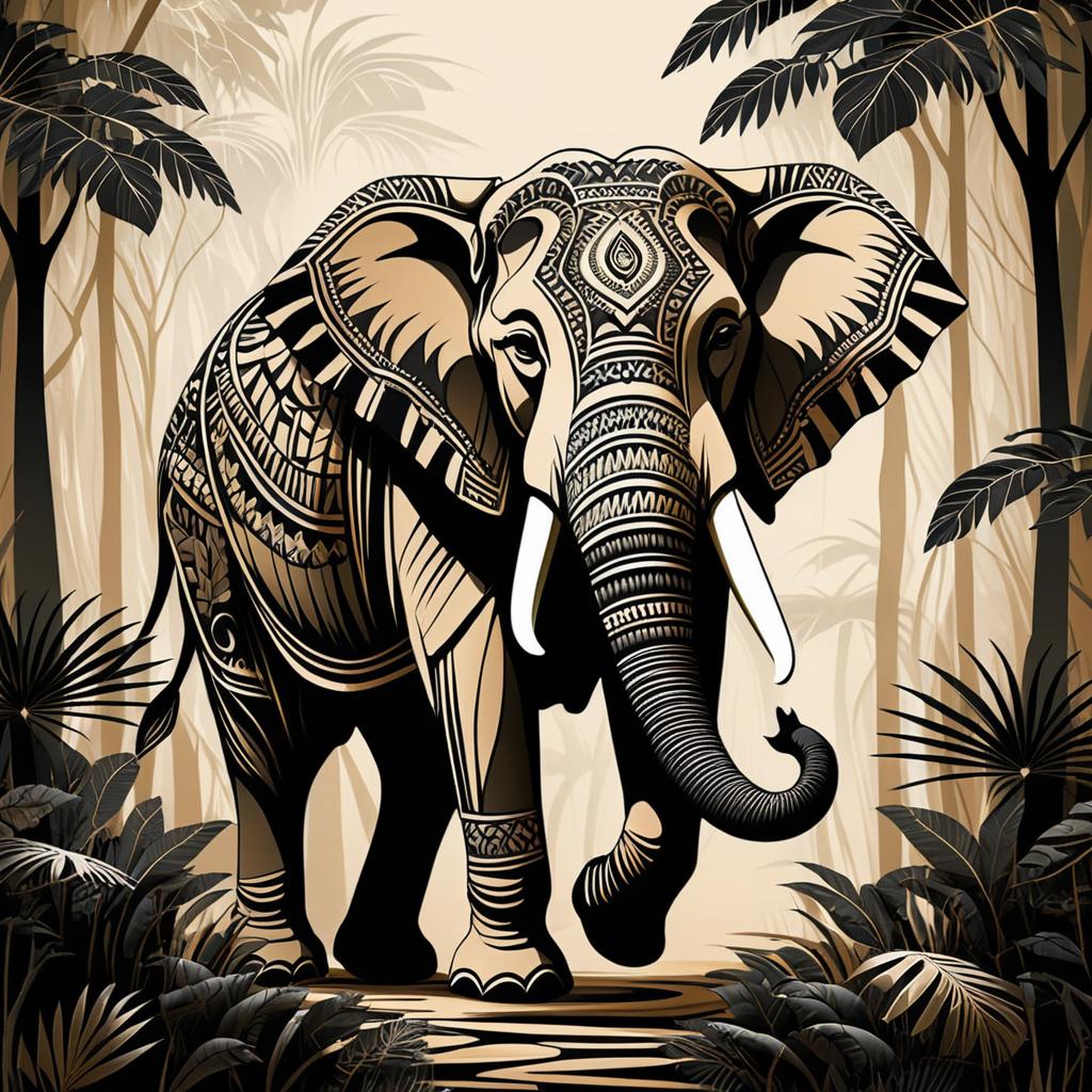 Tribal Elephant in Jungle Drawing