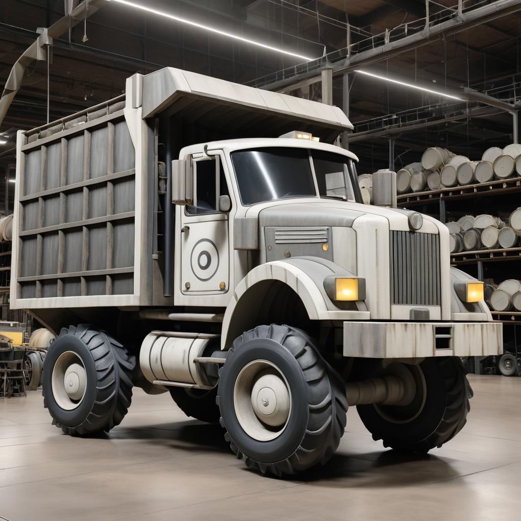 Proud Anthropomorphic Mining Truck in Warehouse