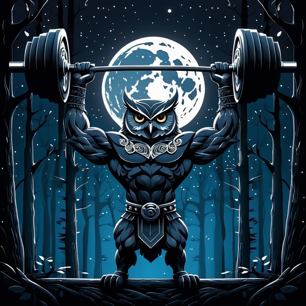 Fantasy Muscular Owl Lifting Barbell