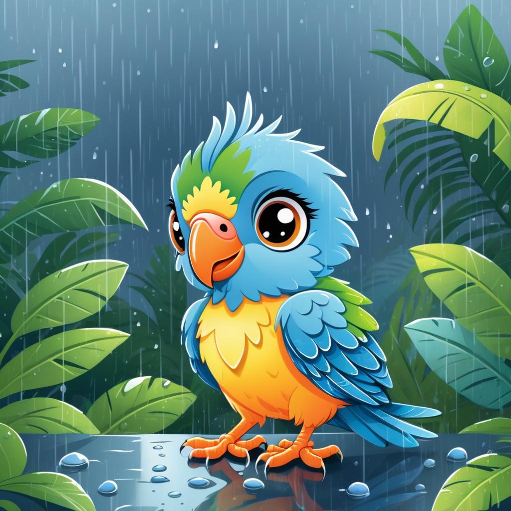 Whimsical Baby Parrot in Rainstorm