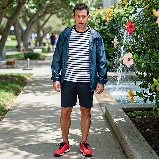 Photograph of a muscular man with short dark hair, wearing a black jacket, striped shirt, black shorts, and red sneakers, standing on a sun
