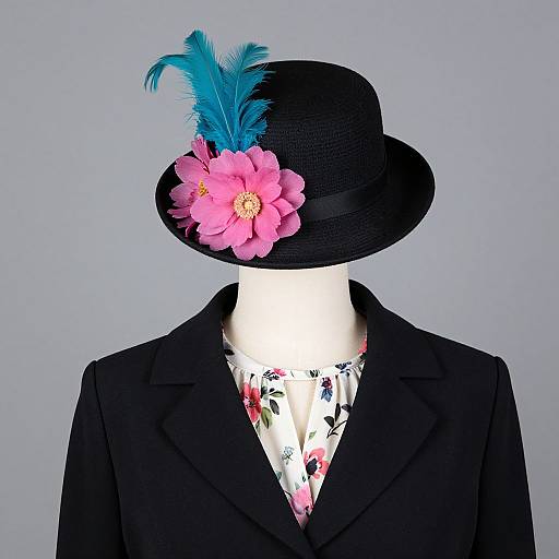 Photograph of a headless mannequin wearing a black hat with blue feather and pink flower, black blazer, and floral shirt.