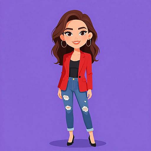 Cartoon-style illustration of a smiling woman with wavy brown hair, red blazer, black top, ripped blue jeans, and black heels, standing