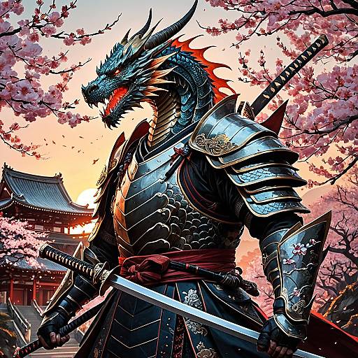 Dragon Samurai at Cherry Blossom Sunset