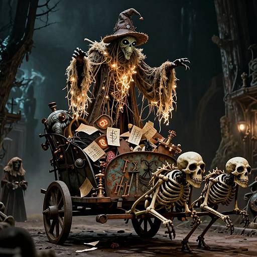 Digital artwork of a creepy, ragged witch figure in a tattered hat, sitting on a cart with bones, papers, and glowing orbs, surrounded