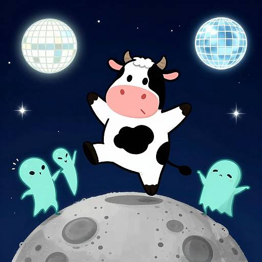 Cartoon cow dancing on moon, surrounded by glowing blue ghosts, under two disco balls in a starry night sky.