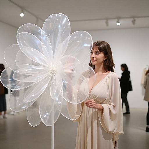 Photograph of a brunette woman in a flowing beige dress, holding a glowing, transparent flower-shaped light sculpture in a modern art gallery.