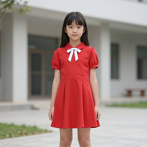 Photograph of an Asian girl with straight black hair, wearing a bright red dress with a white bow, standing in front of a white building.