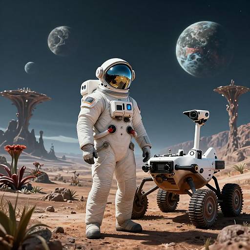 Photorealistic CGI: Astronaut in white spacesuit with reflective helmet stands on desert planet, beside robotic rover, with three planets and alien flora in