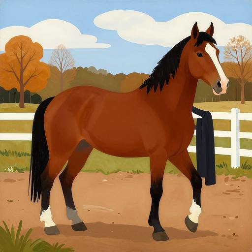 Digital drawing of a brown horse with a black mane and tail, white markings, and a black saddle blanket, standing in a sunny, autumnal pasture