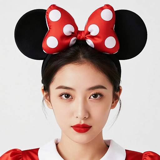 Photograph of an Asian woman with fair skin, black hair, red lipstick, and red polka-dotted bow on black Minnie Mouse ears,