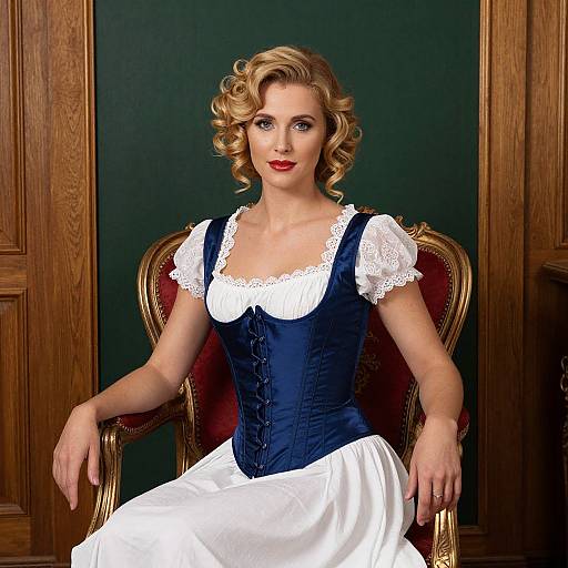 Photograph of a blonde woman with curled hair, wearing a blue corset and white lace dress, sitting on a red and gold chair against a dark