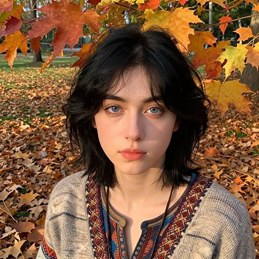 Photograph of a young woman with pale skin, black wavy hair, and blue eyes, wearing a patterned sweater, surrounded by autumn leaves in