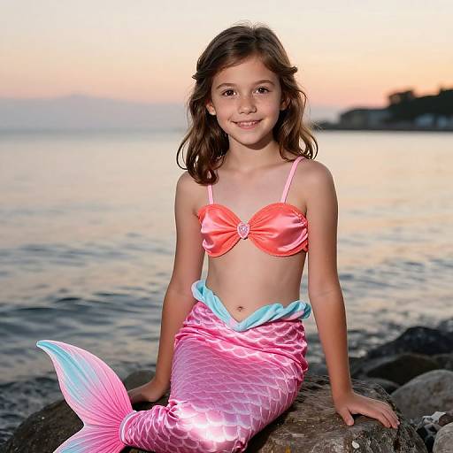 Photograph of a young girl with brown hair, wearing a pink and blue mermaid costume, sitting on a rocky beach at sunset.