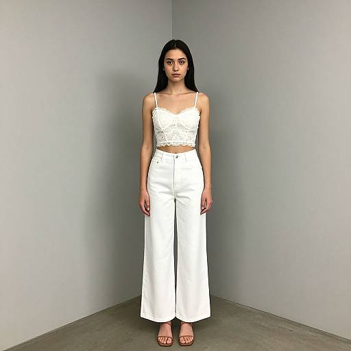 Photograph of an Asian woman with long black hair, wearing a white lace crop top and high-waisted white wide-leg pants, standing against a