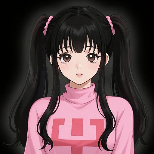 Anime-style digital drawing of a young girl with long black twin-tails, wearing a pink sweater with a red geometric pattern, against a dark background.