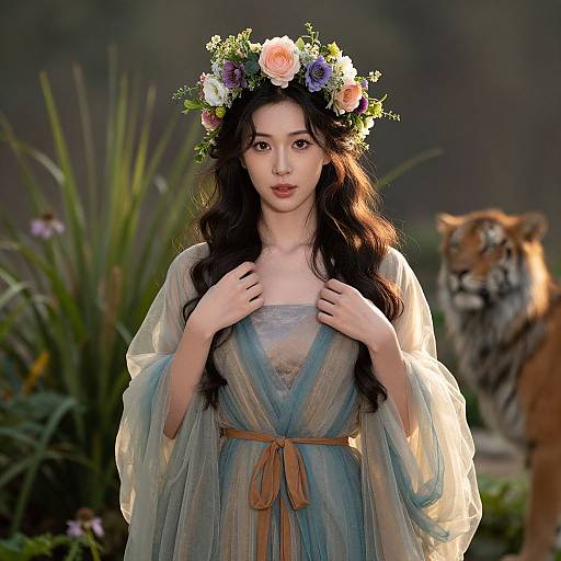 Photograph of an East Asian woman with long black hair, wearing a blue, sheer dress and flower crown, standing in a garden with a tiger in