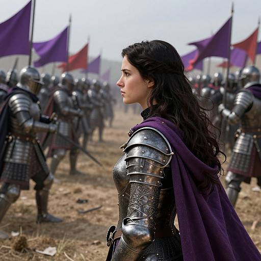 Photograph of a young woman with long dark hair in medieval armor and purple cape, surrounded by armored soldiers with flags, in a grassy battlefield.