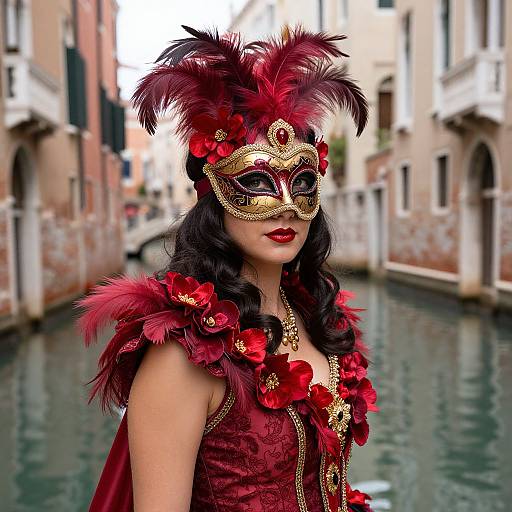 Photograph of a woman in a red masquerade costume with feathers and flowers, wearing an ornate gold and red mask, standing in aVen