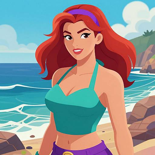 Digital anime-style illustration of a red-haired woman with a blue headband, wearing a turquoise halter top and purple pants, standing on a sunny beach