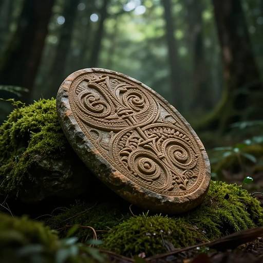 Photograph of an intricately carved, circular, bronze-like stone resting on mossy forest floor, surrounded by tall, dark trees and soft, diff