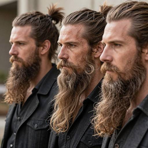 Photograph of three bearded men with long hair in black shirts, standing in profile, outdoors; all have serious expressions.