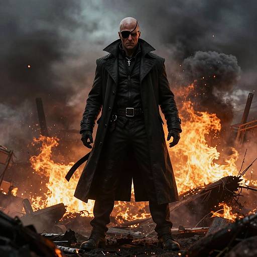 Menacing Villain on Fiery Battlefield