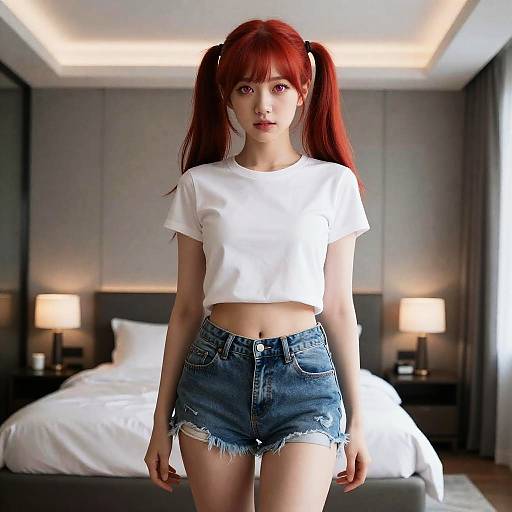 Young Woman with Red Hair in Modern Bedroom