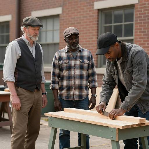 Three Men at Brick Workshop Bench