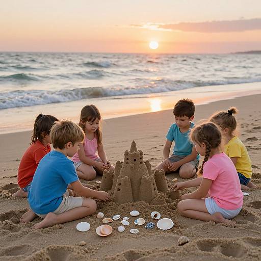 Children Building Sandcastle at Sunset