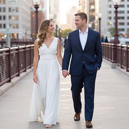 Photograph of a smiling couple holding hands on a city bridge at sunset, woman in white dress, man in navy suit and white shirt.