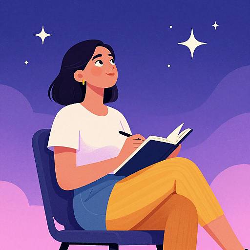 Digital illustration of a young woman with short black hair, wearing a white t-shirt and yellow pants, writing in a notebook under a starry, purple