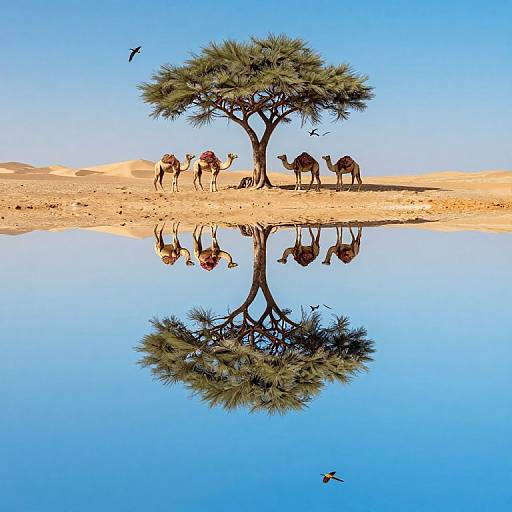 Photograph of a serene desert scene with a single acacia tree reflected in a calm oasis, surrounded by camels and birds against a vivid blue sky