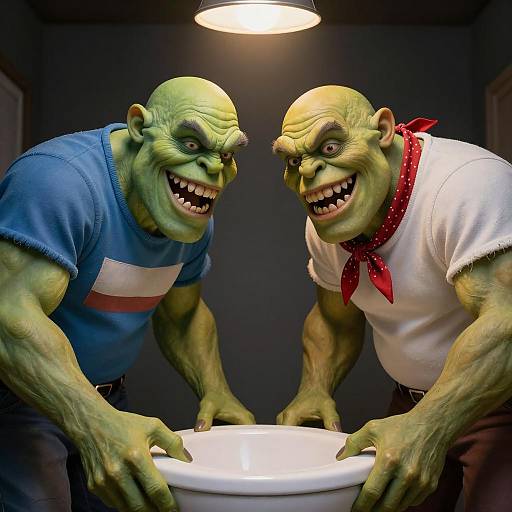 Monstrous Duo Over Dark Toilet Scene