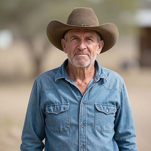Photograph of a weathered, elderly white man with a gray beard, wearing a brown cowboy hat and blue denim shirt, standing outdoors with a blurred