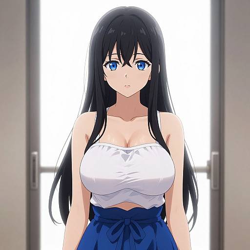 Anime-style digital drawing of a beautiful, blue-eyed woman with long black hair, wearing a white strapless top and blue skirt, standing against a bright