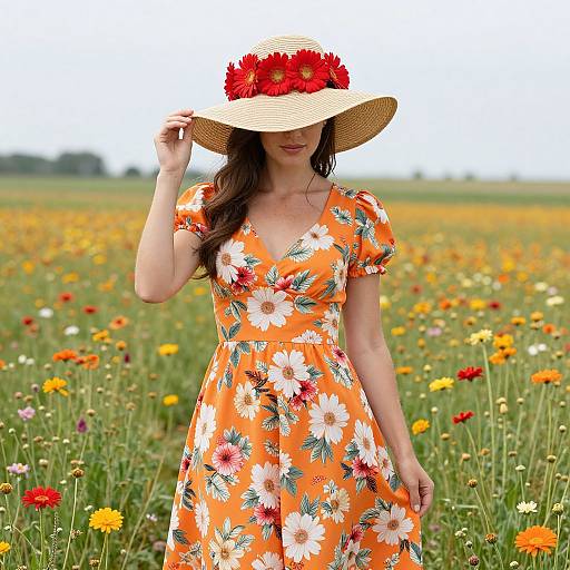 Photograph of a woman in an orange floral dress and wide-brimmed hat with red flowers, standing in a colorful field of wildflowers.