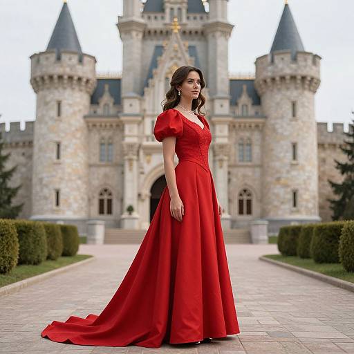 Photograph of a beautiful woman with long dark hair in a red, floor-length, puffed-sleeve gown standing in front of a grand,