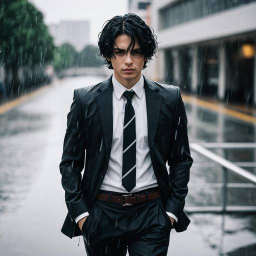Young Asian Man in Suit Walking in Rain