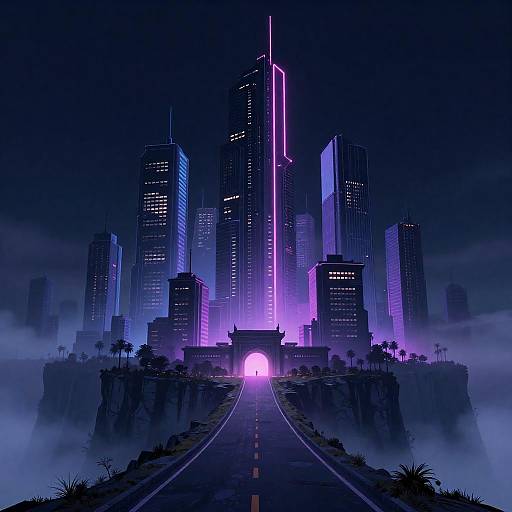 Digital artwork of a neon-lit, futuristic cityscape at night. Tall skyscrapers with vibrant purple and blue lights, a glowing pink exit light