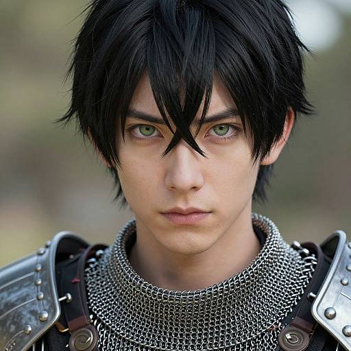 Photograph of a young, serious-looking man with black hair, green eyes, and pale skin, wearing medieval chainmail and armor, with a blurred