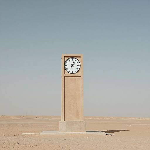 Photograph of a tall, rectangular clock tower standing alone in a vast, sandy desert under a clear, blue sky.