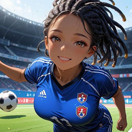 Dark-Skinned Female Soccer Player in Blue Uniform