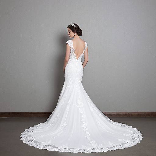 Photograph of a bride with dark hair in an updo, wearing a lace backless white wedding gown with a long train, standing against a plain