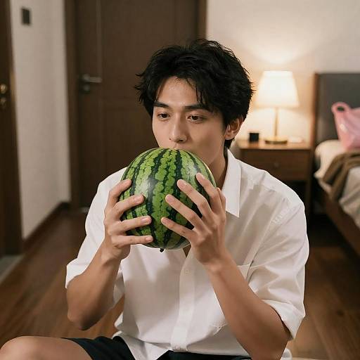 Man Holding Watermelon Indoors